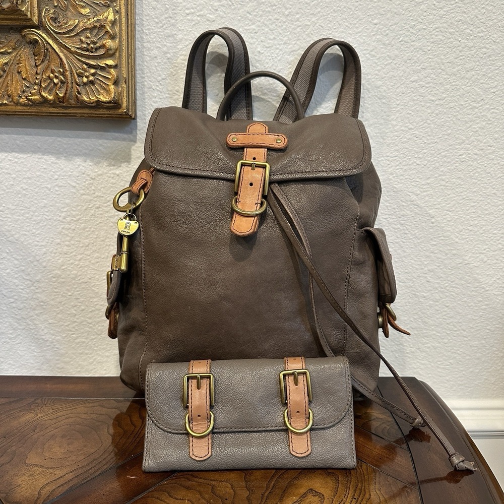Fossil Leather Long Live Vintage Backpack Bag w Wallet‎ Charms Brown Buckle Rare